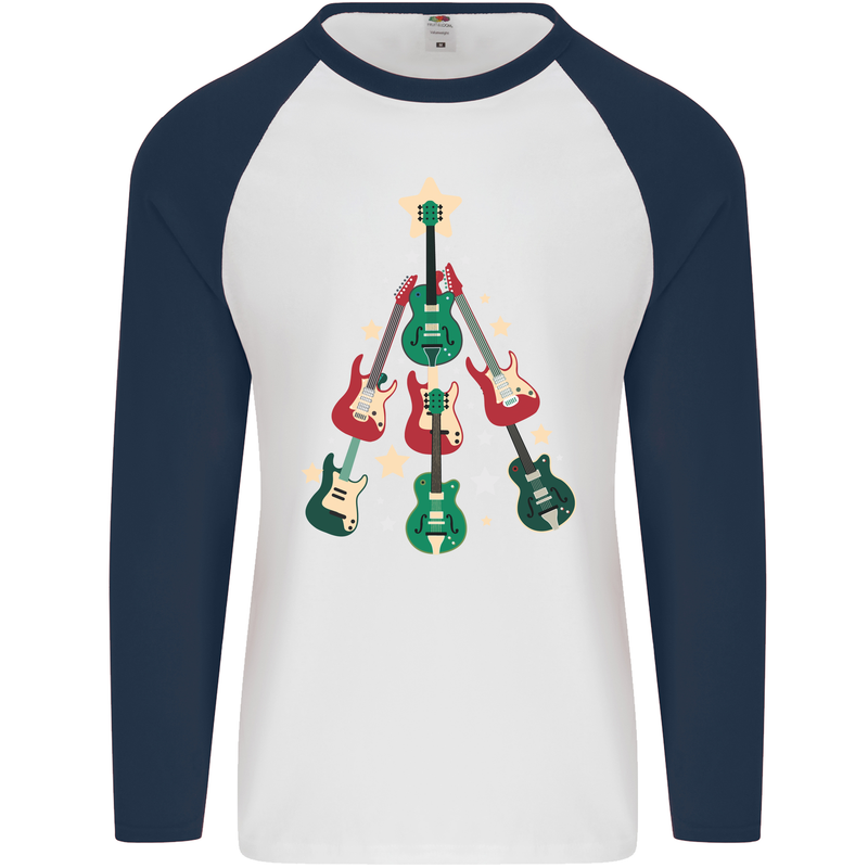 Funny Christmas Guitar Tree Rock Music Mens L/S Baseball T-Shirt White/Navy Blue