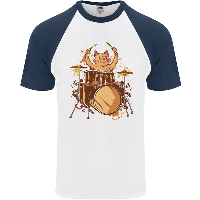 A Cat Drummer Drumming Mens S/S Baseball T-Shirt White/Navy Blue