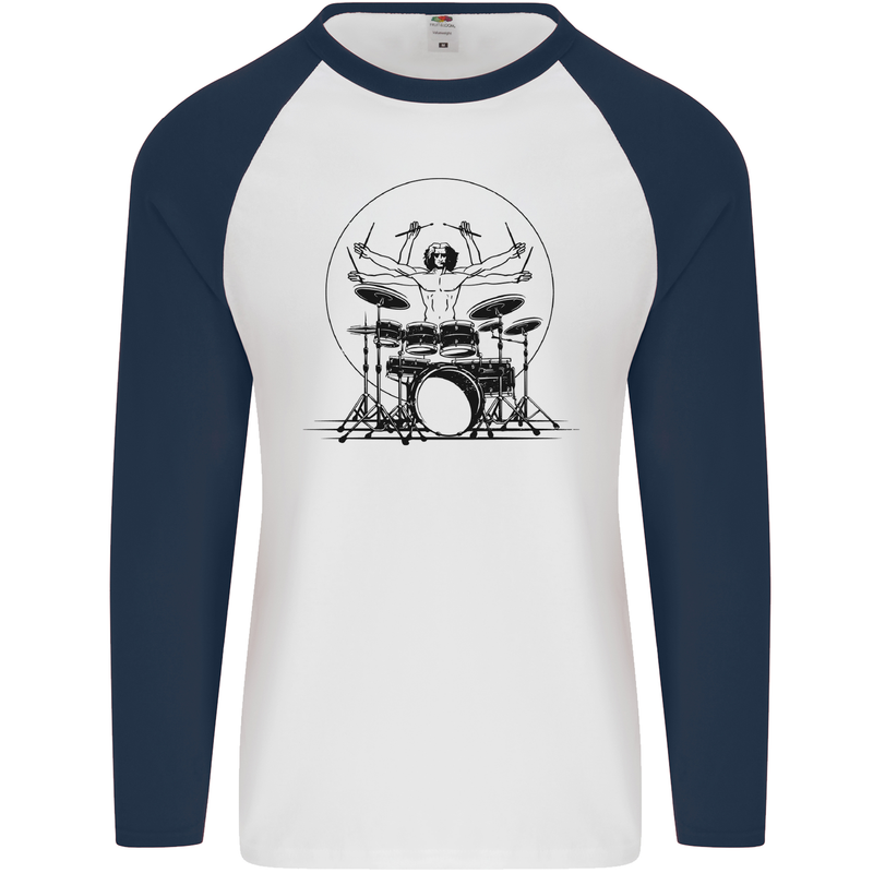 Virtruvian Drummer Funny Drumming Drum Mens L/S Baseball T-Shirt White/Navy Blue