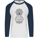 Buddha Mandala Art Mens L/S Baseball T-Shirt White/Navy Blue