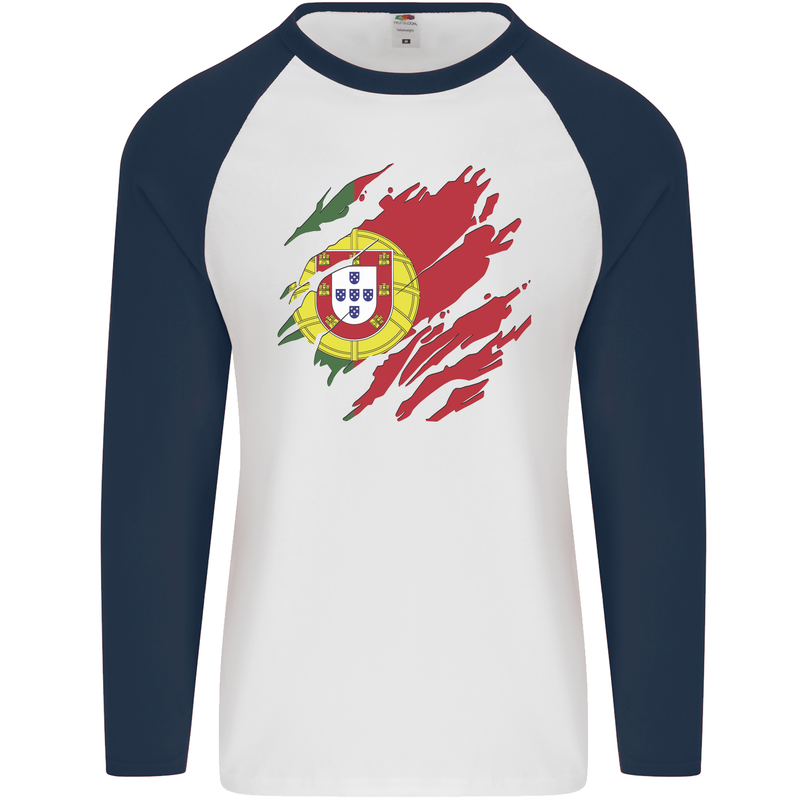 Torn Portugal Flag Portugese Day Football Mens L/S Baseball T-Shirt White/Navy Blue