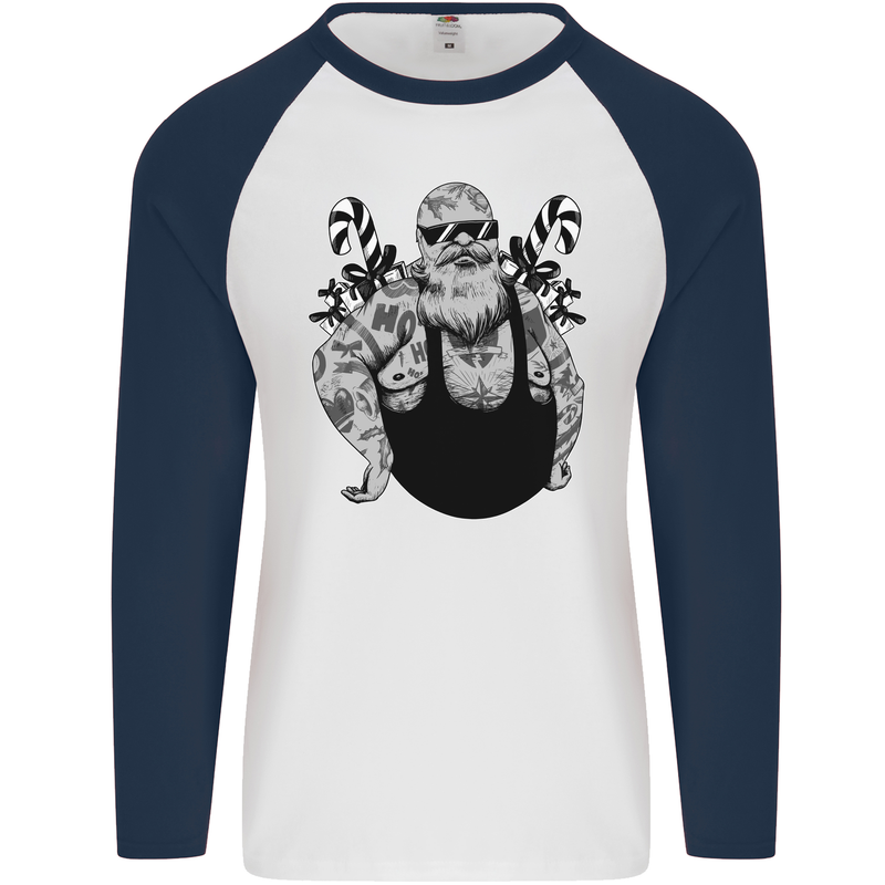 Tattoo Santa Funny Christmas Biker Motorbike Mens L/S Baseball T-Shirt White/Navy Blue