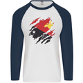 Torn Papua New Guinea Flag Day Football Mens L/S Baseball T-Shirt White/Navy Blue