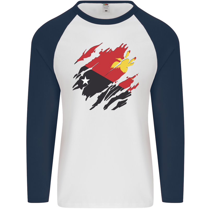 Torn Papua New Guinea Flag Day Football Mens L/S Baseball T-Shirt White/Navy Blue