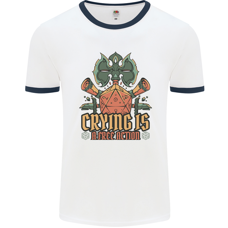 RPG Role Playing Games Crying Free Action Mens Ringer T-Shirt White/Navy Blue