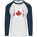 Torn Canada Flag Canadian Day Football Mens L/S Baseball T-Shirt White/Navy Blue