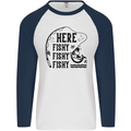 Here Fishy Fishy Funny Fishing Fisherman Mens L/S Baseball T-Shirt White/Navy Blue