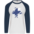 Torn Finland Flag Finnish Day Football Mens L/S Baseball T-Shirt White/Navy Blue