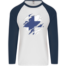 Torn Finland Flag Finnish Day Football Mens L/S Baseball T-Shirt White/Navy Blue