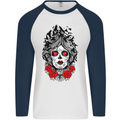 Day of the Dead Sugar Skull DOTD Mexico Mens L/S Baseball T-Shirt White/Navy Blue