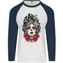 Day of the Dead Sugar Skull DOTD Mexico Mens L/S Baseball T-Shirt White/Navy Blue