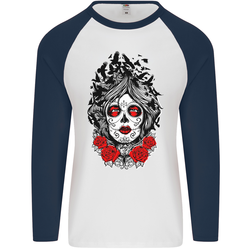 Day of the Dead Sugar Skull DOTD Mexico Mens L/S Baseball T-Shirt White/Navy Blue