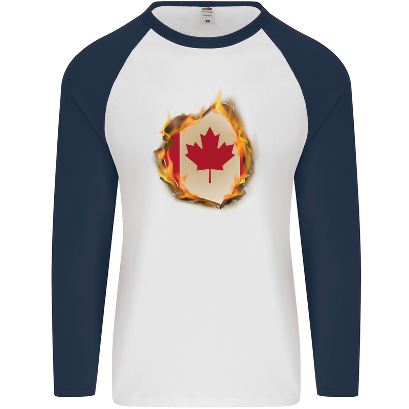 The Canadian Maple Leaf Flag Fire Canada Mens L/S Baseball T-Shirt White/Navy Blue
