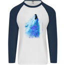 Watercolour Wolf Mens L/S Baseball T-Shirt White/Navy Blue