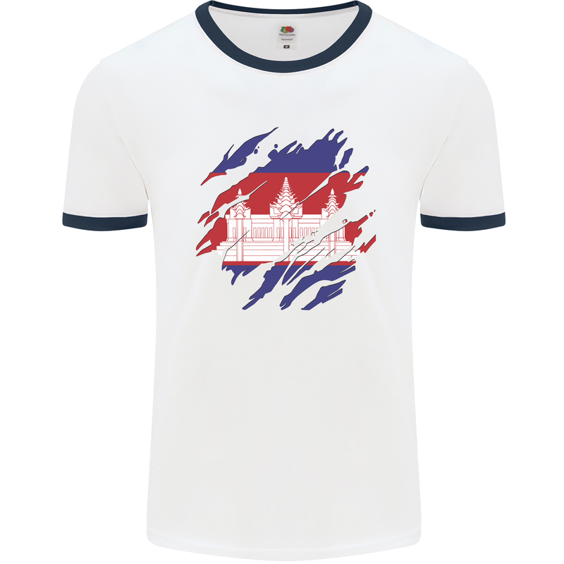 Torn Cambodia Flag Cambodian Day Football Mens Ringer T-Shirt White/Navy Blue