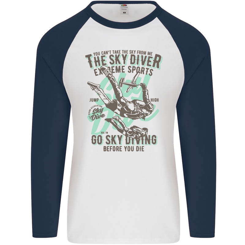 The Skydiver Extreme Sports Skydiving Mens L/S Baseball T-Shirt White/Navy Blue