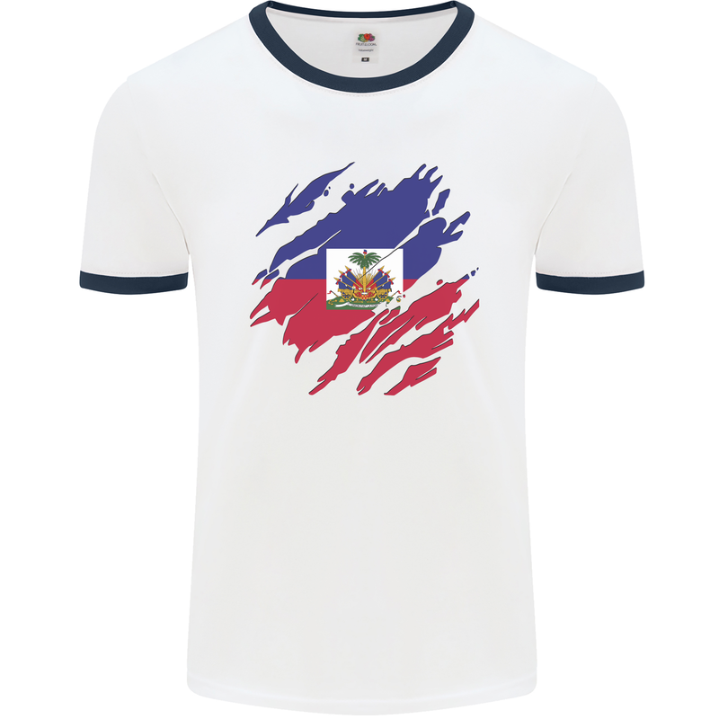 Torn Haiti Flag Haitian Day Football Mens Ringer T-Shirt White/Navy Blue