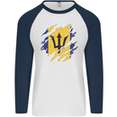 Torn Barbados Flag Barbadians Day Football Mens L/S Baseball T-Shirt White/Navy Blue