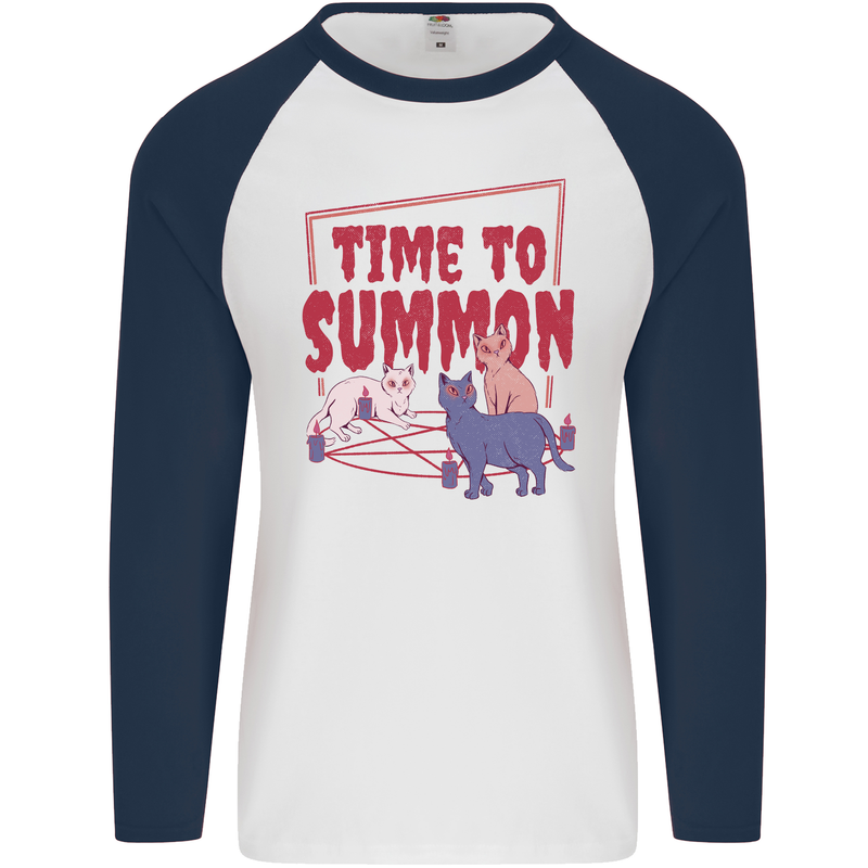 Time to Summon Cats Let's Summon Demons Mens L/S Baseball T-Shirt White/Navy Blue