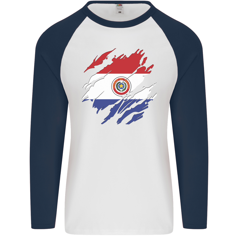 Torn Paraguay Flag Paraguayan Day Football Mens L/S Baseball T-Shirt White/Navy Blue