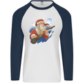 Guitar Santa Funny Christmas Rock n Roll Mens L/S Baseball T-Shirt White/Navy Blue