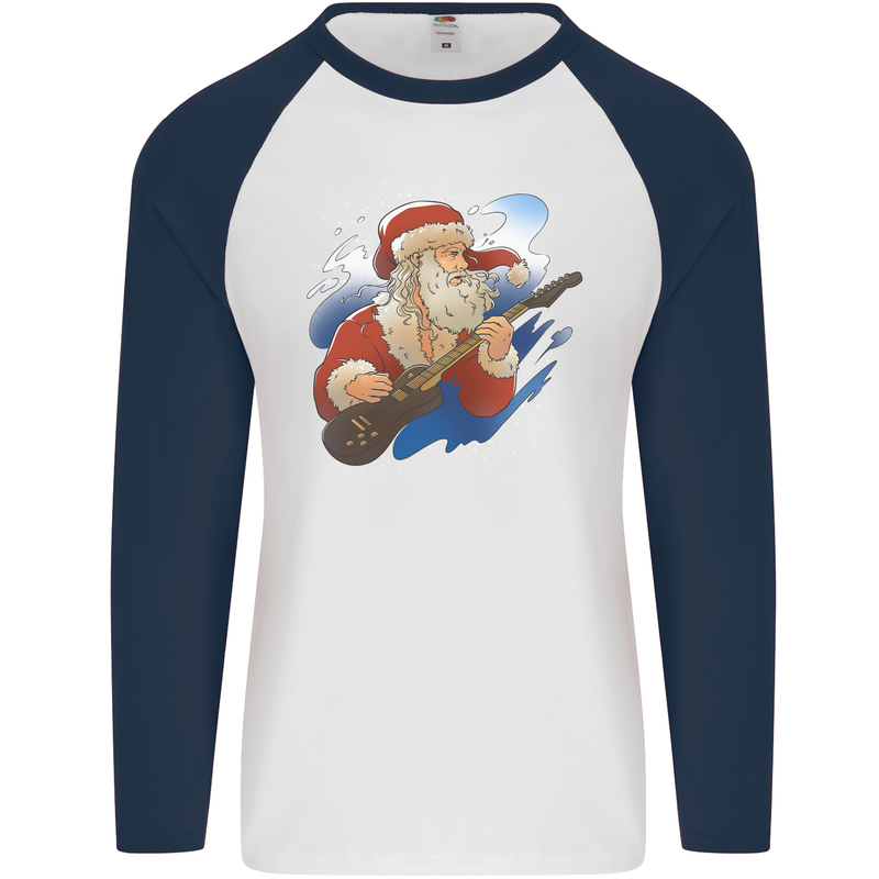 Guitar Santa Funny Christmas Rock n Roll Mens L/S Baseball T-Shirt White/Navy Blue