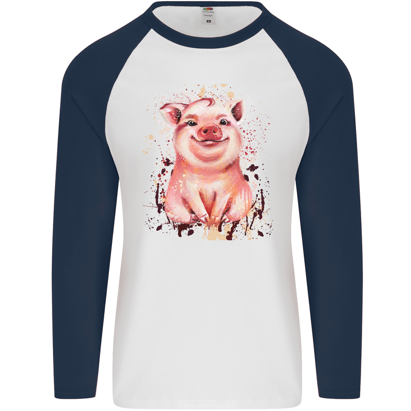 Watercolour Pig Mens L/S Baseball T-Shirt White/Navy Blue