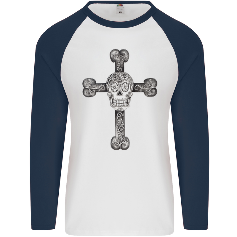 Day of the Dead Sugar Skull Cross Mens L/S Baseball T-Shirt White/Navy Blue