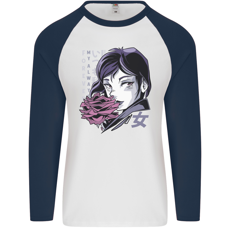 Anime Girl With Flowers Mens L/S Baseball T-Shirt White/Navy Blue