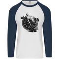 Scuba Diving Skull Diver Dive Deep Sea Mens L/S Baseball T-Shirt White/Navy Blue