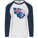 Curled Iceland Flag Icelander Day Football Mens L/S Baseball T-Shirt White/Navy Blue