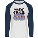 Cats Happy Pills Funny Feline Mens L/S Baseball T-Shirt White/Navy Blue