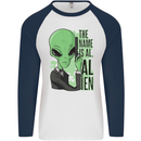 The Name is Al Alien Funny Movie Parody Mens L/S Baseball T-Shirt White/Navy Blue