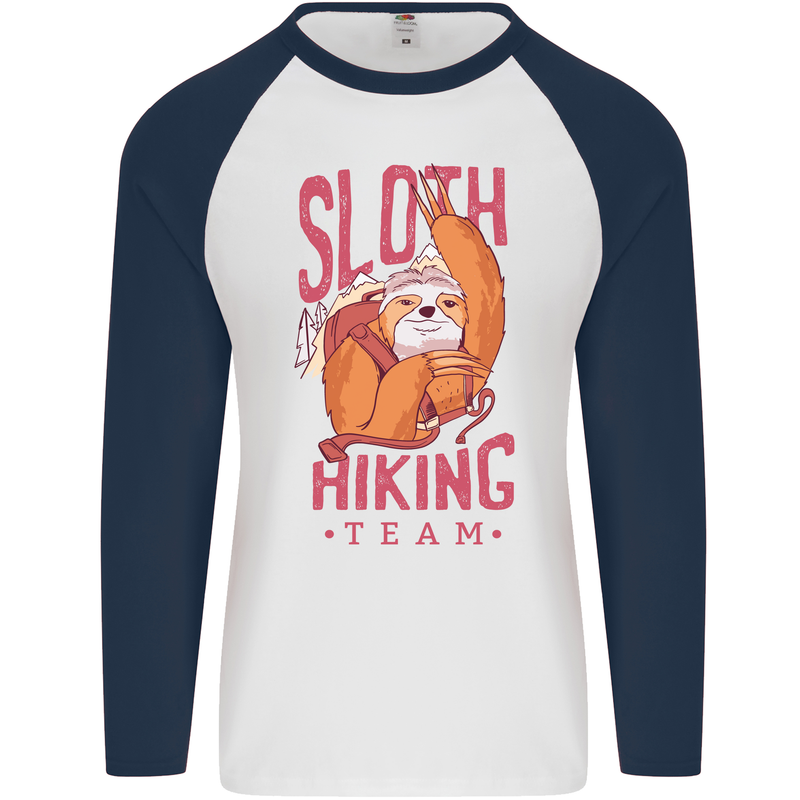 Sloth Hiking Team Trekking Rambling Funny Mens L/S Baseball T-Shirt White/Navy Blue