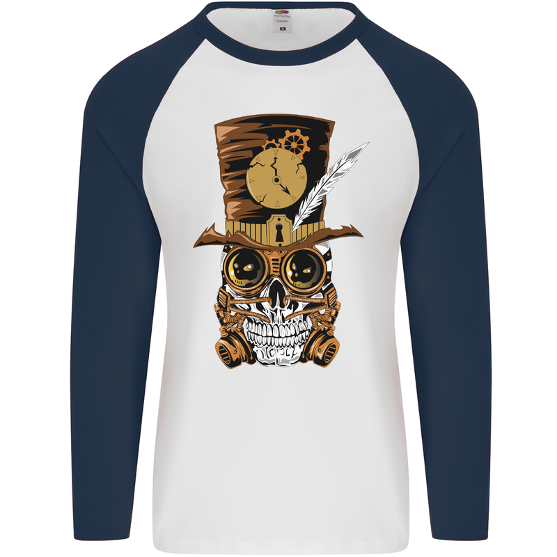 Steampunk Skull Mens L/S Baseball T-Shirt White/Navy Blue