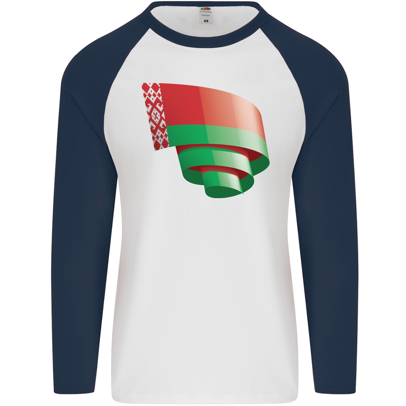 Curled Belarus Flag Belarusian Day Football Mens L/S Baseball T-Shirt White/Navy Blue