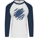 Torn EU Flag European Union Flag Football Mens L/S Baseball T-Shirt White/Navy Blue
