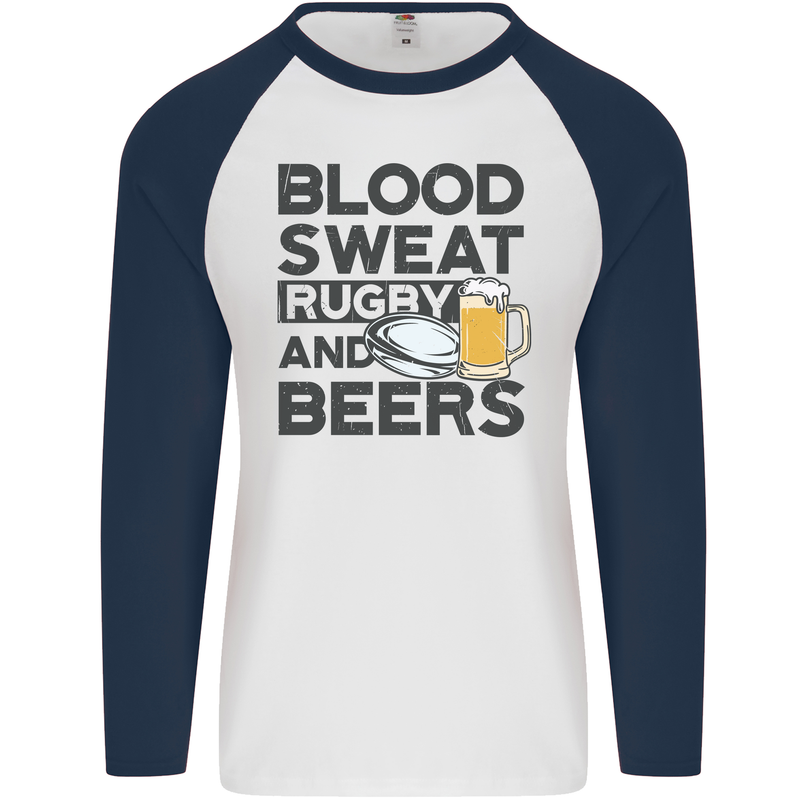 Blood Sweat Rugby and Beers Funny Mens L/S Baseball T-Shirt White/Navy Blue