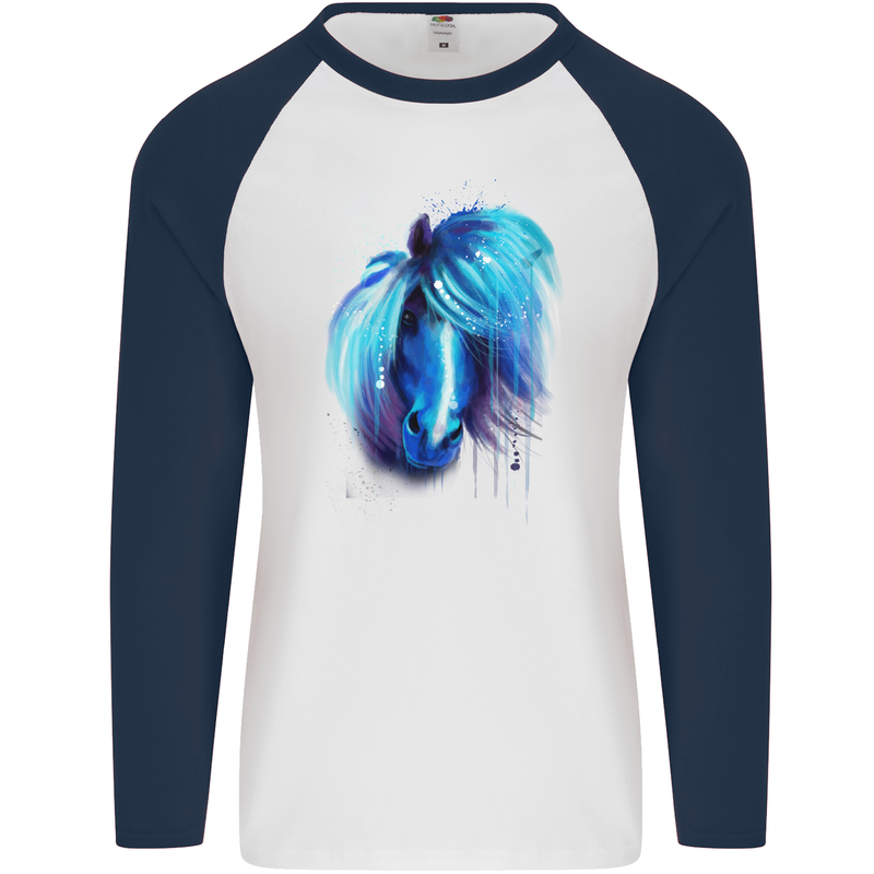 Watercolour Horse Mens L/S Baseball T-Shirt White/Navy Blue