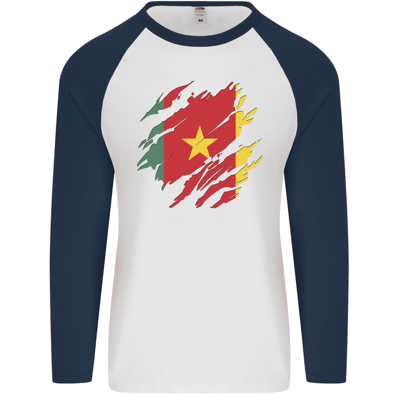 Torn Cameroon Flag Cameroonian Day Football Mens L/S Baseball T-Shirt White/Navy Blue