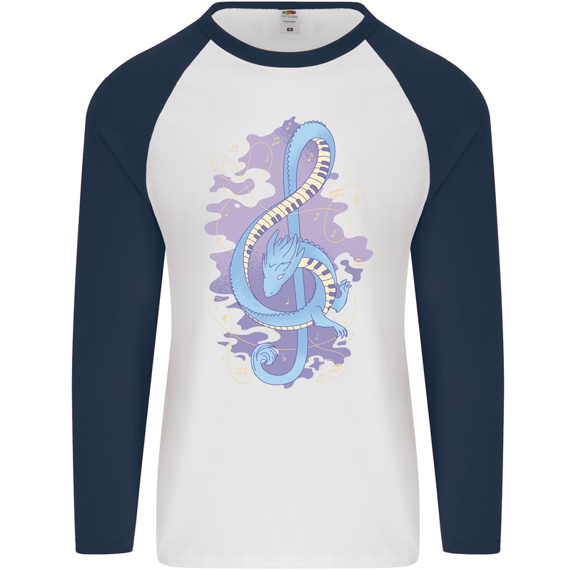 Musical Keyboard Dragon Mens L/S Baseball T-Shirt White/Navy Blue