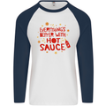 Everything's Better With Hot Sauce Funny Food Mens L/S Baseball T-Shirt White/Navy Blue