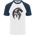 Black Tribal Tattoo Style Dragon Mens S/S Baseball T-Shirt White/Navy Blue