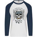 Bad to the Bone Biker Skull Angel Motorbike Mens L/S Baseball T-Shirt White/Navy Blue