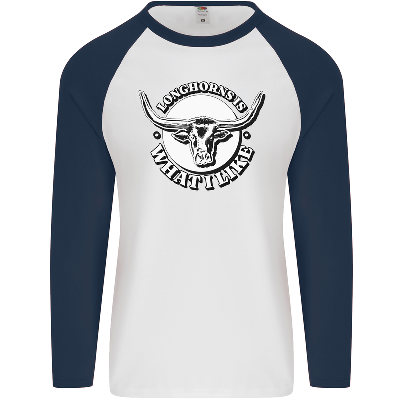 Longhorns is What I Like Cow Cattle Mens L/S Baseball T-Shirt White/Navy Blue