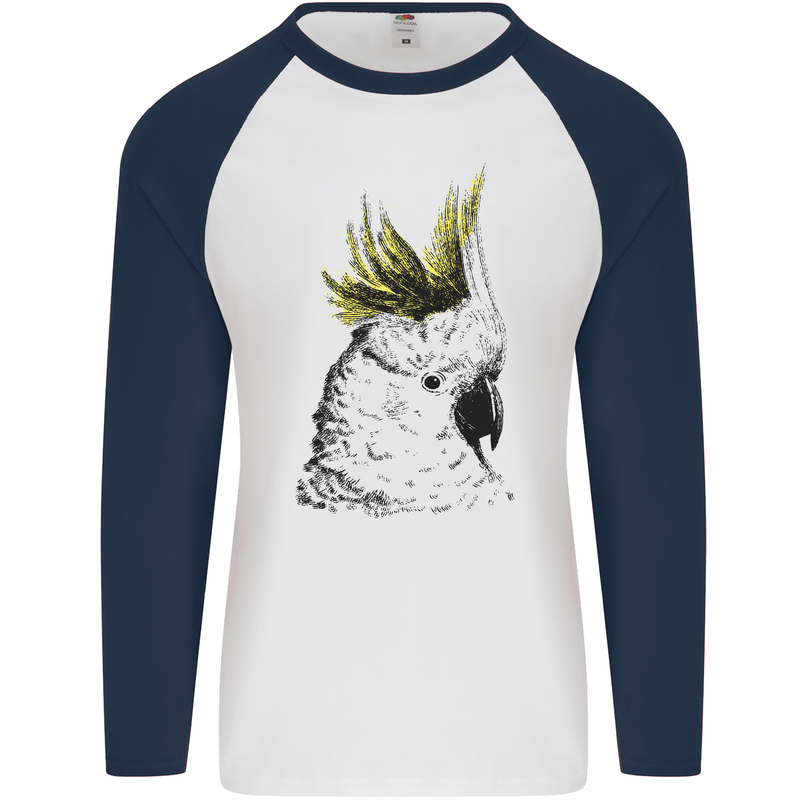 A Cockatoo Bird Mens L/S Baseball T-Shirt White/Navy Blue