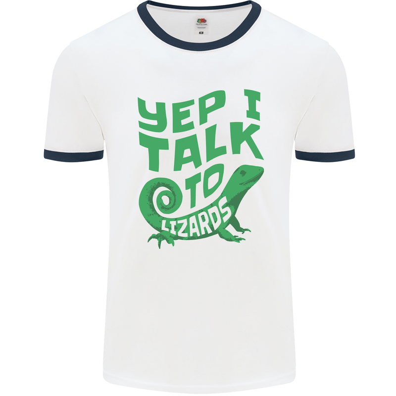 I Talk To Lizards Chameleons Bearded Dragons Mens Ringer T-Shirt White/Navy Blue