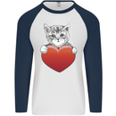 A Cute Cat With a Heart Love Valentines Day Mens L/S Baseball T-Shirt White/Navy Blue