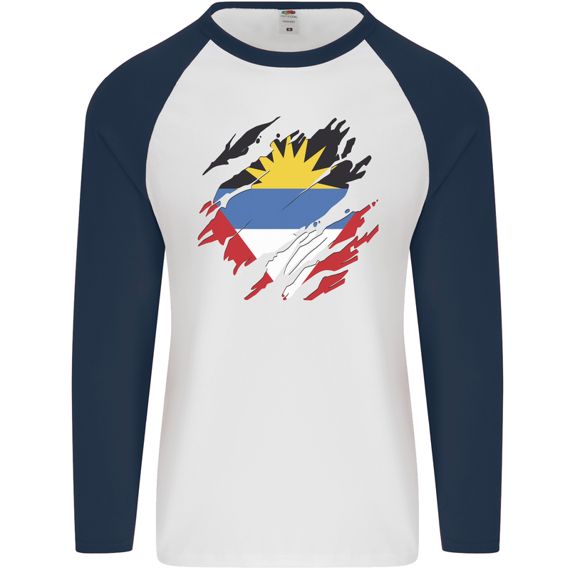Torn Antigua and Barbuda Flag Day Football Mens L/S Baseball T-Shirt White/Navy Blue