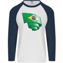 Curled Brazil Flag Brazilian Day Football Mens L/S Baseball T-Shirt White/Navy Blue